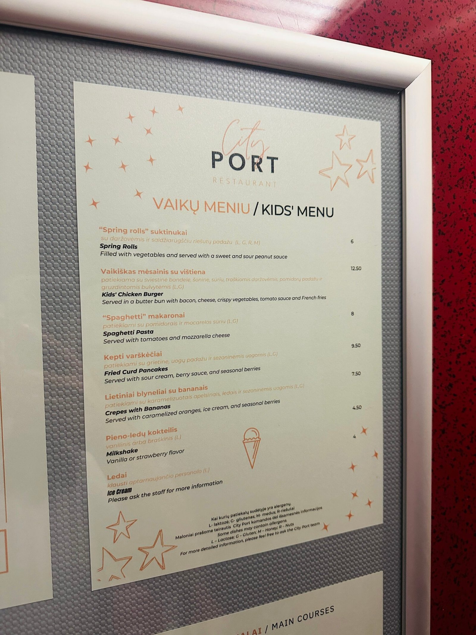Kids’ menu in a restaurant